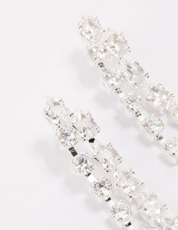 Silver Cubic Zirconia Double Row Square & Round Drop Earrings
