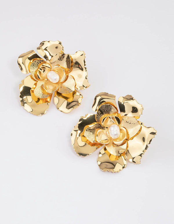 Gold Plated Large Flower Freshwater Pearl Stud Earrings