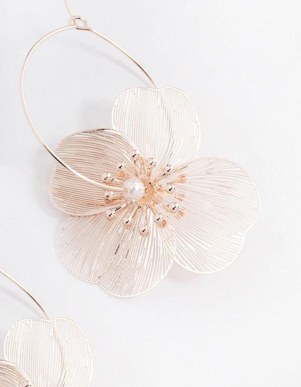 Rose Gold Metalic Flower Hoop Earrings