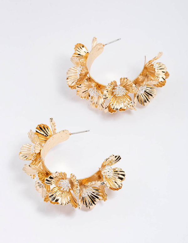 Gold Statement Floral Peral Hoop Earrings