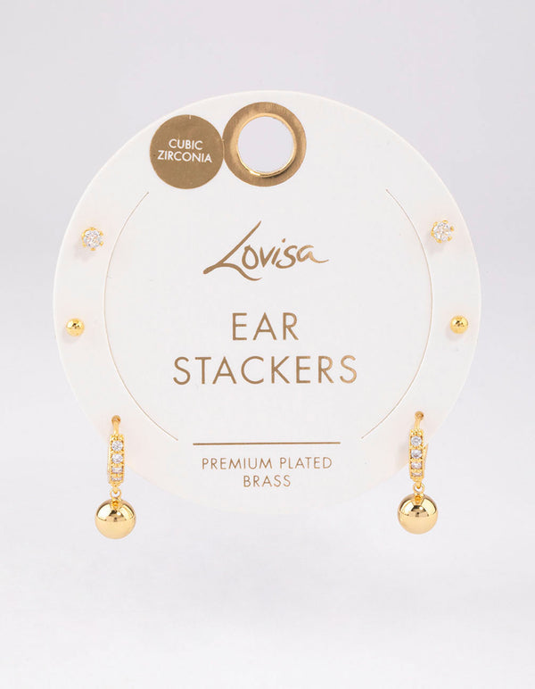 Gold Plated Brass Cubic Zirconia Huggie Ball Earrings 6-Pack