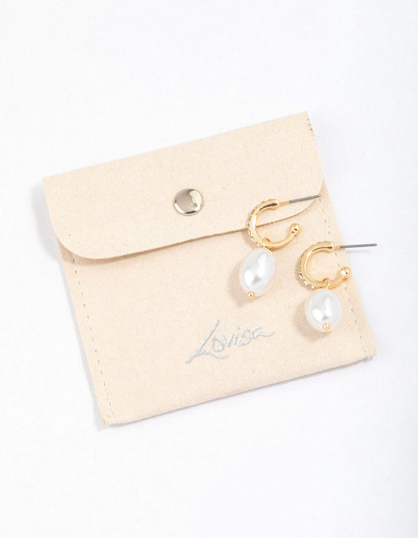 Gold Diamante Pearl Drop Huggie Earrings & Polishing Set