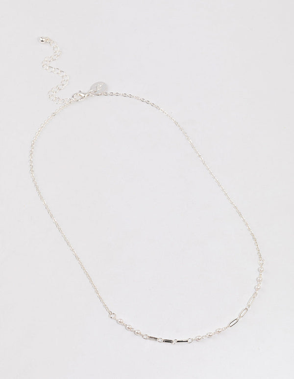 Silver Pearl & Rectangle Link Chain Necklace & Polishing Set