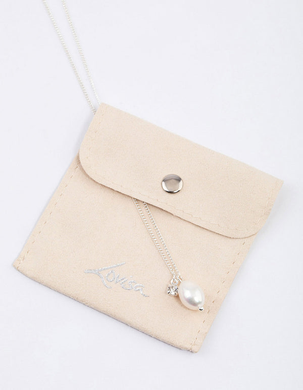 Silver Freshwater Pearl Diamante Drop Necklace & Polishing Set