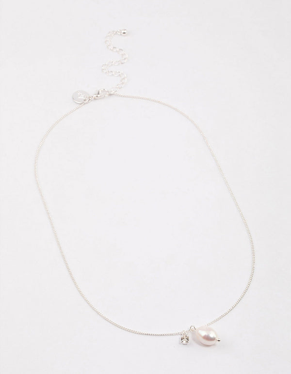 Silver Freshwater Pearl Diamante Drop Necklace & Polishing Set