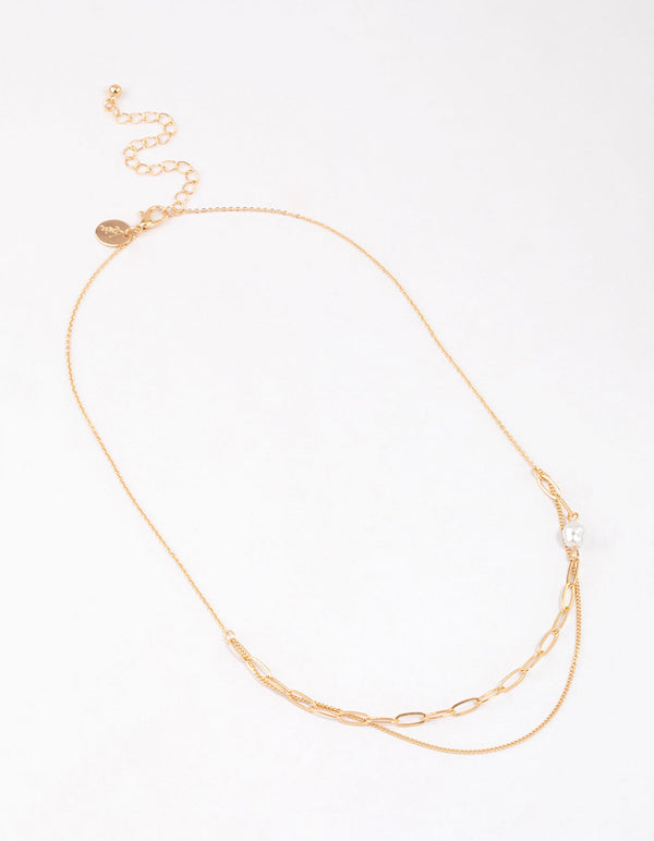 Gold Double Row Pearl Chain Necklace & Polishing Set