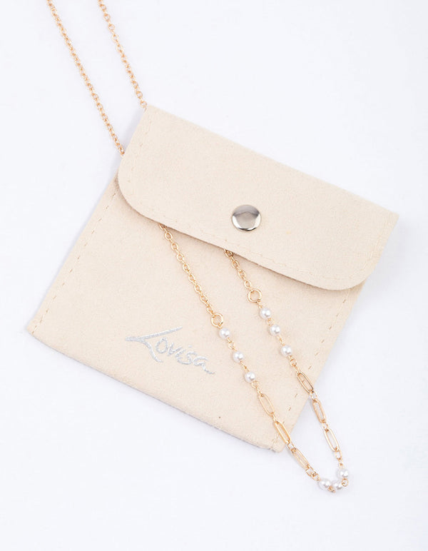 Gold Pearl Rectangle Link Chain Necklace & Polishing Set