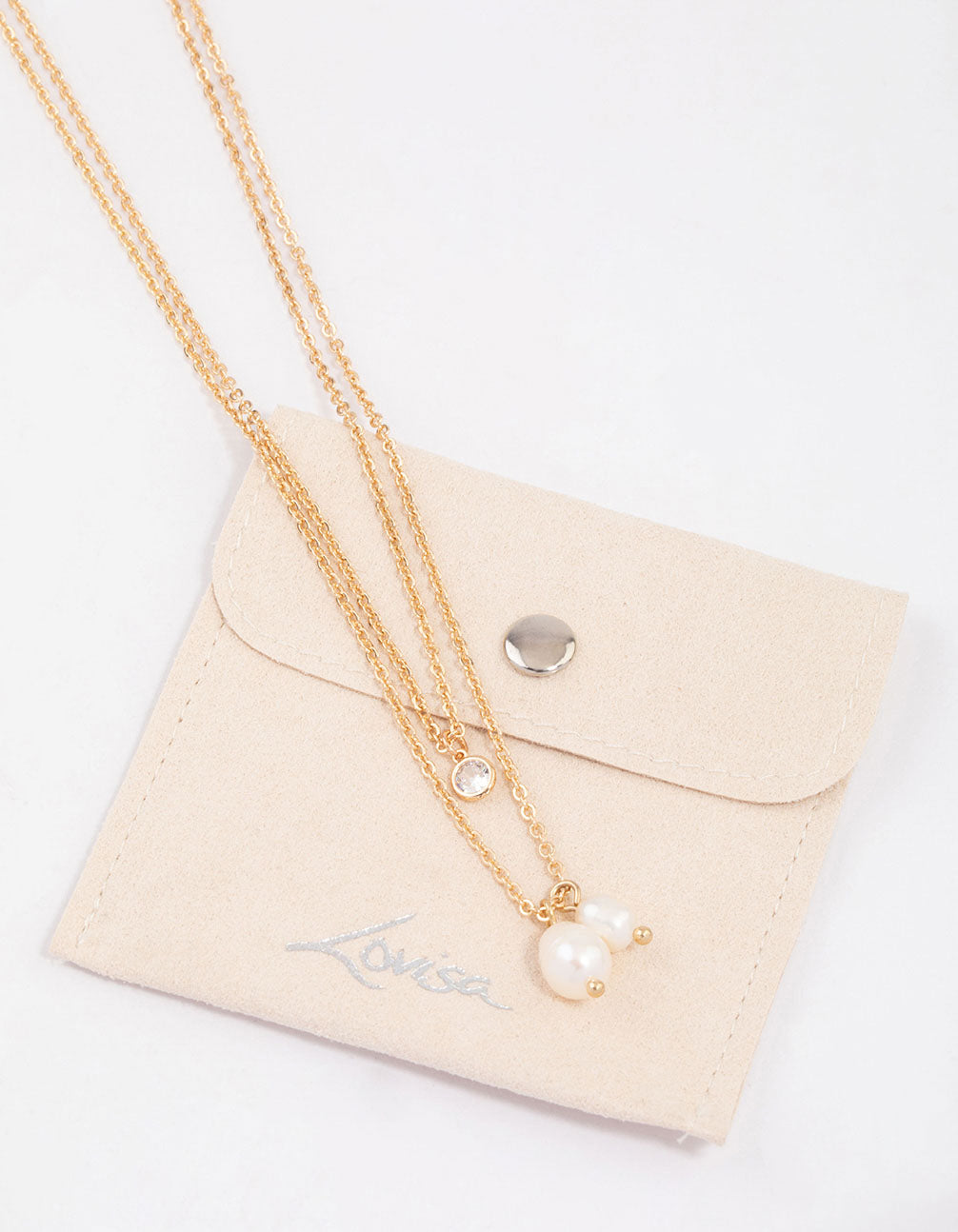 Gold Double Freshwater Pearl Diamante Necklace & Polishing Set