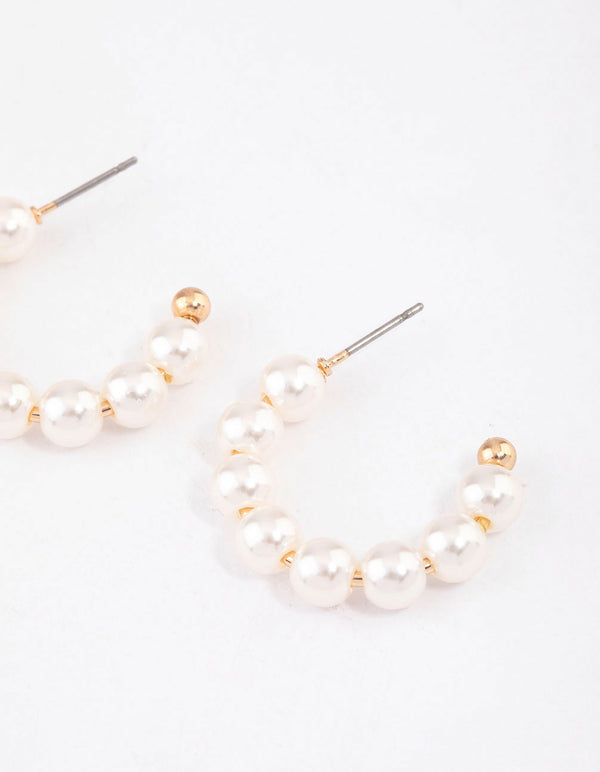 Gold Dainty Pearl Beaded Hoop Earrings