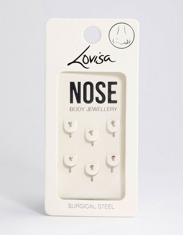 Surgical Steel Multi Cubic Zirconia Clear Nose Stud 6-Pack