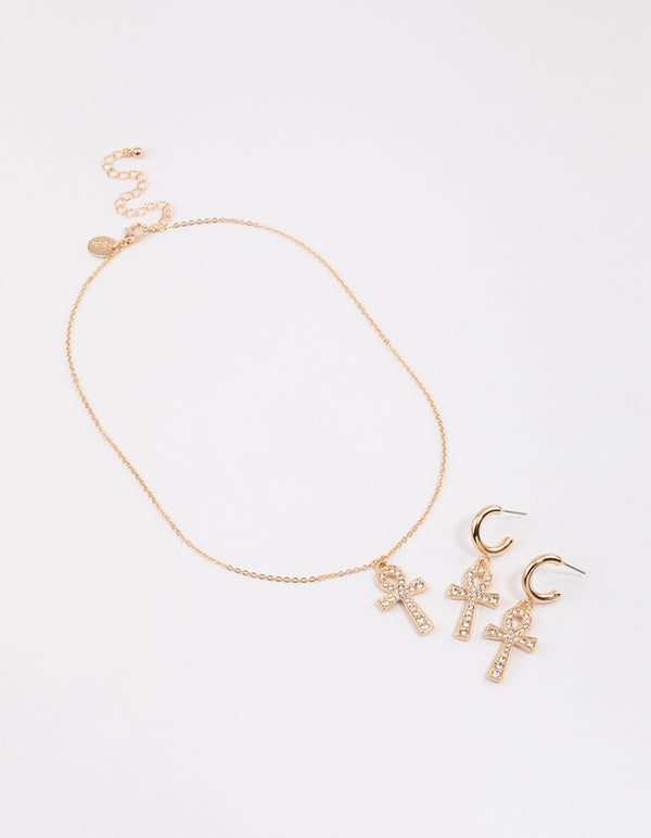Gold Cross Necklace & Earrings Jewellery Set