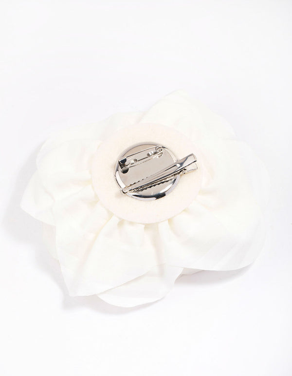 White Fabric Plisse Flower Corsage Clip
