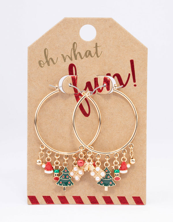 Gold Christmas Charm Hoop Earrings