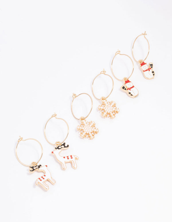 Gold Reindeer Hoop Earrings 3-Pack