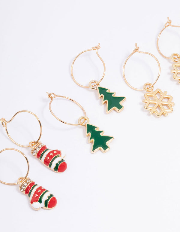 Gold Christmas Hoop Earrings 3-Pack