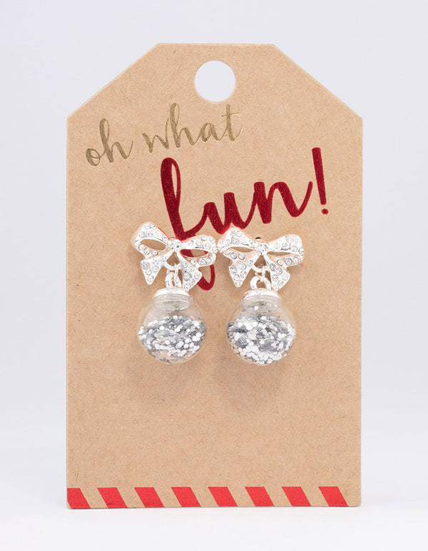Silver Bow Bauble Drop Earrings