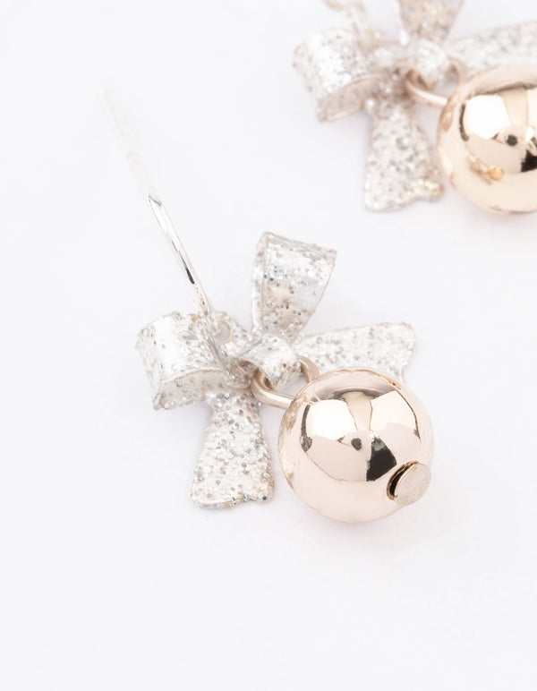Silver Bow & Bell Christmas Drop Earrings