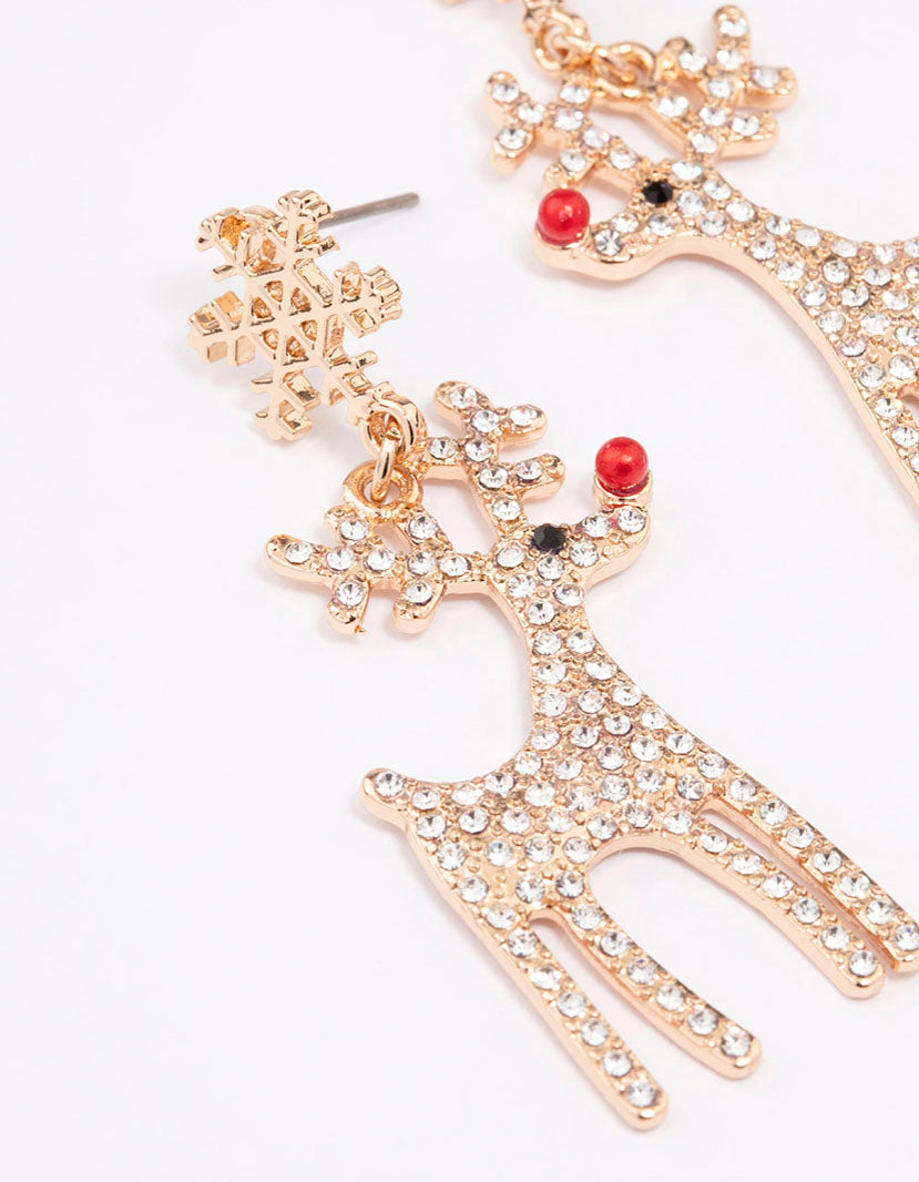 Gold Diamante Reindeer Drop Earrings