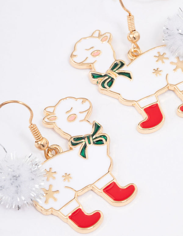 Gold Christmas Llama Drop Earrings