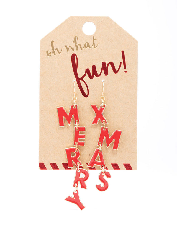 Gold Merry Christmas Enamel Drop Earrings