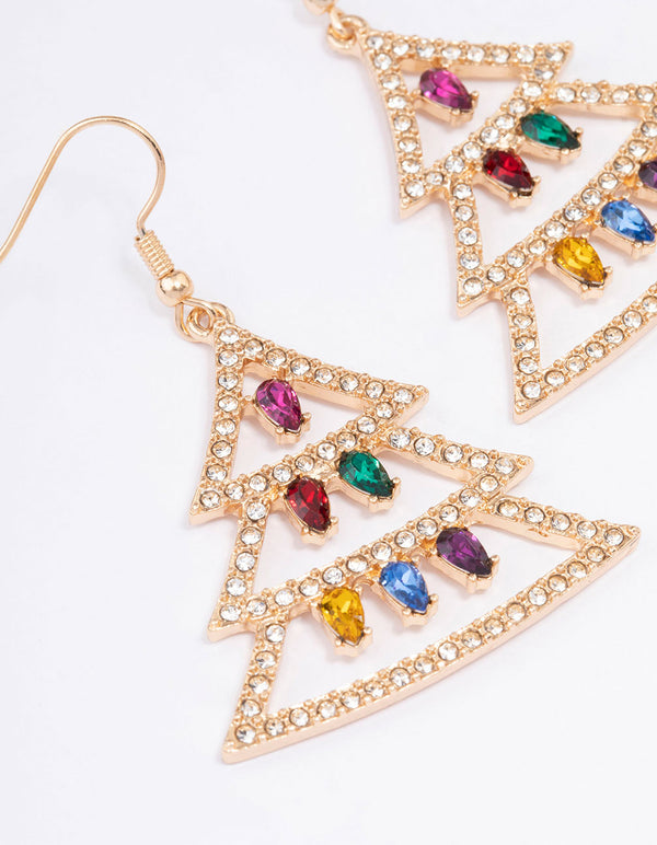 Gold Christmas Tree & Lights Drop Earrings