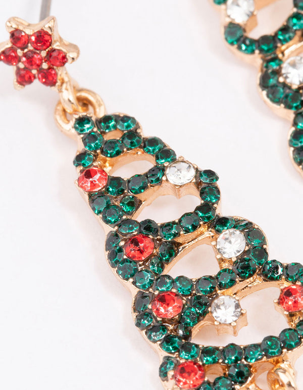 Green Diamante Swirl Christmas Tree Drop Earrings