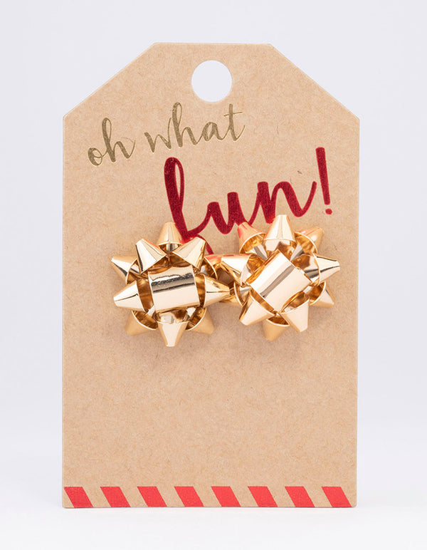 Gold Present Bow Stud Earrings