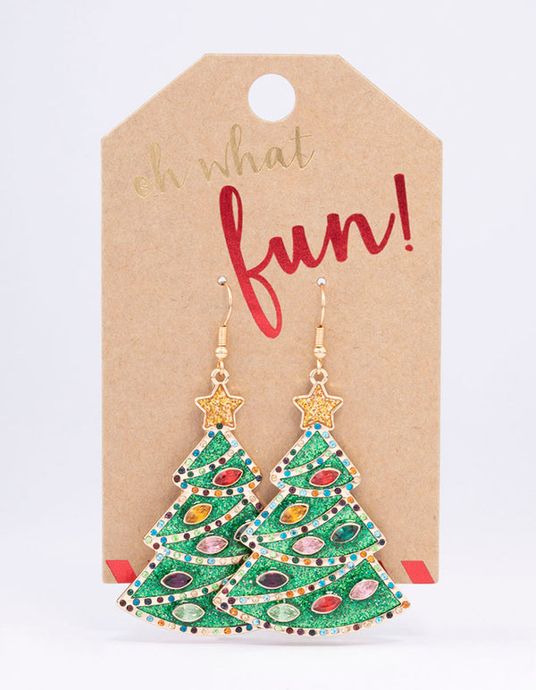 Gold Enamel Christmas Tree Drop Earrings
