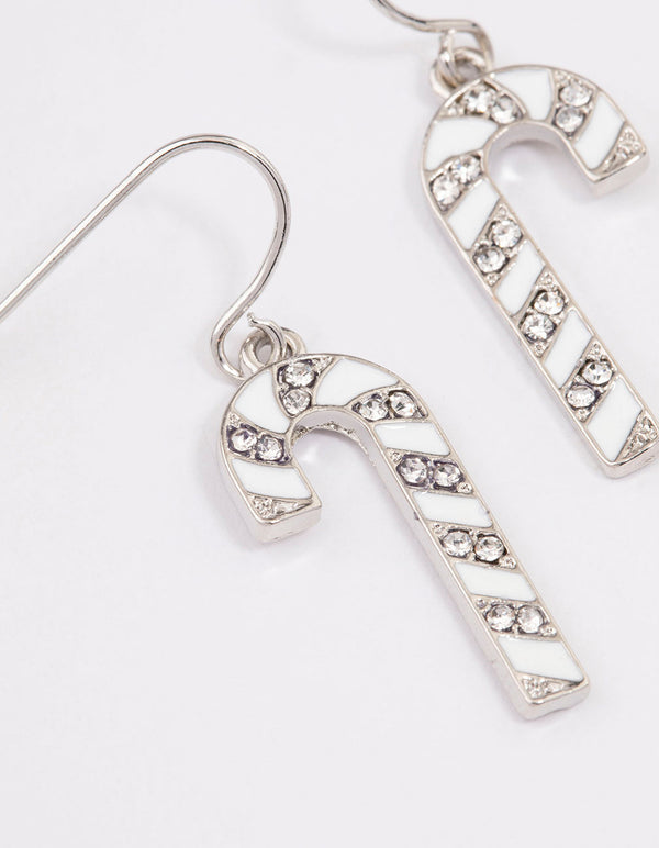 White & Diamante Christmas Candy Cane Drop Earrings