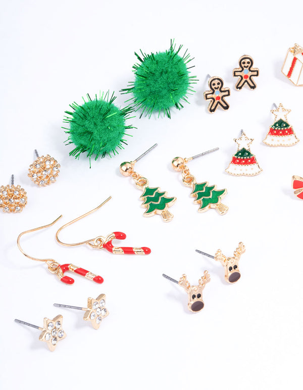 Gold Decorative Christmas Stud Earrings 12-Pack
