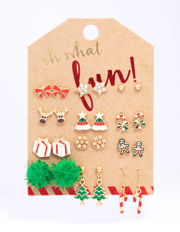 Gold Decorative Christmas Stud Earrings 12-Pack