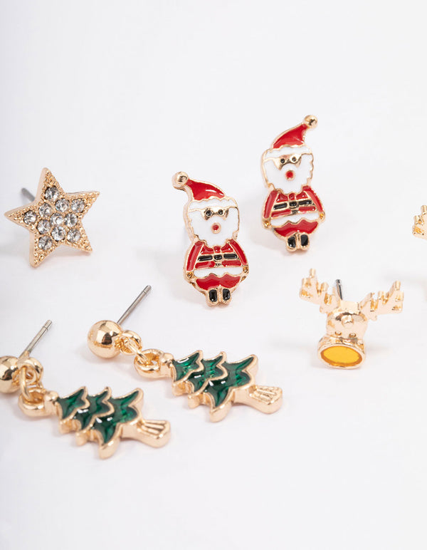 Gold Traditional Christmas Tree Stud Earrings 4-Pack