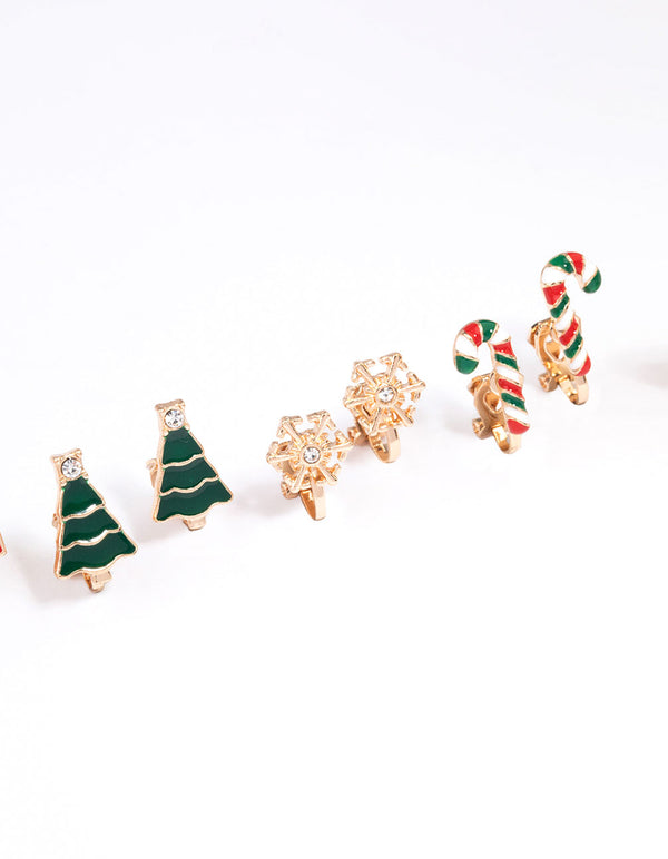 Gold Christmas & Candy Cane Clip On Earrings 5-Pack