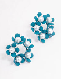 Teal Flower & Pearl Circle Stud Earrings - link has visual effect only