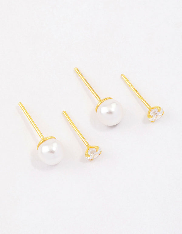 Gold Plated Sterling Silver Pearl & Cubic Zirconia Stud Earring Pack