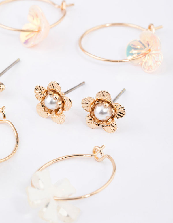 Gold Floral & Pearl Dainty Earrings 8-Pack