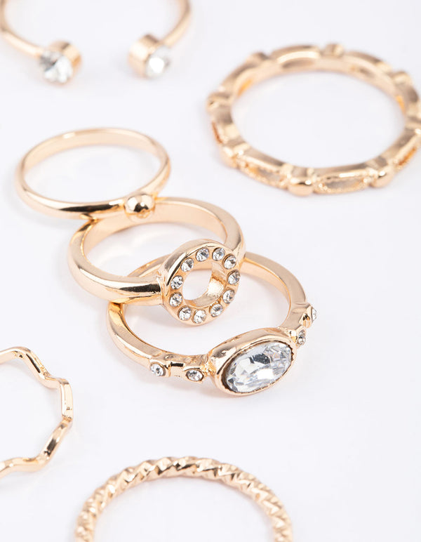 Gold Round Open Diamante Ring 7-Pack