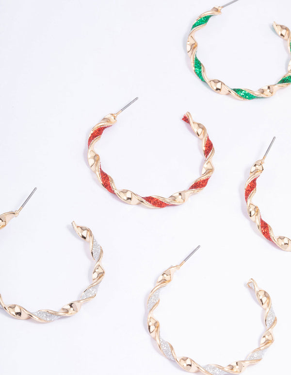 Gold Glitter Twisted Festive Hoop Earrings 3-Pack