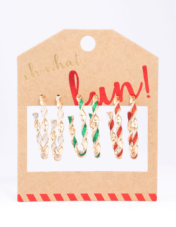 Gold Glitter Twisted Festive Hoop Earrings 3-Pack