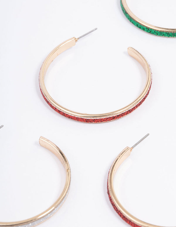 Gold Glitter Festive Hoop Earrings 3-Pack