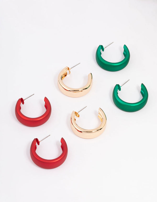 Red & Green Chunky Christmas Hoop Earrings 3-Pack