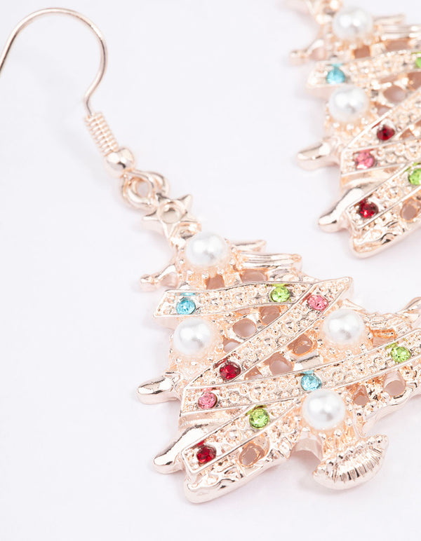 Rose Gold Pearl Christmas Tree Drop Earrings