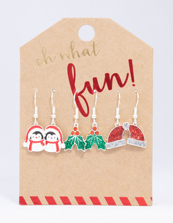 Silver Glitter Holly Christmas Earrings 3-Pack