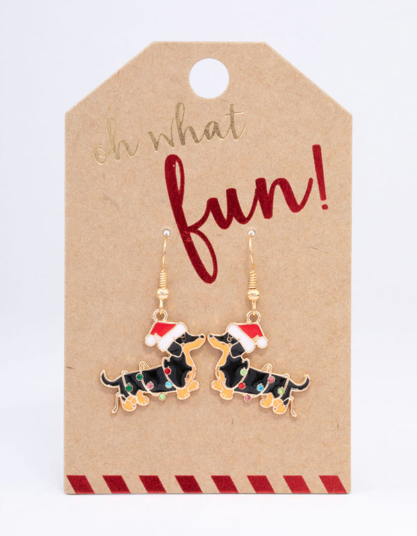 Gold Dachshund Christmas Drop Earrings