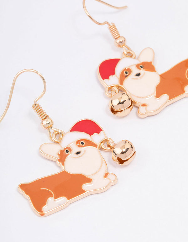 Gold Corgi Christmas Drop Earrings