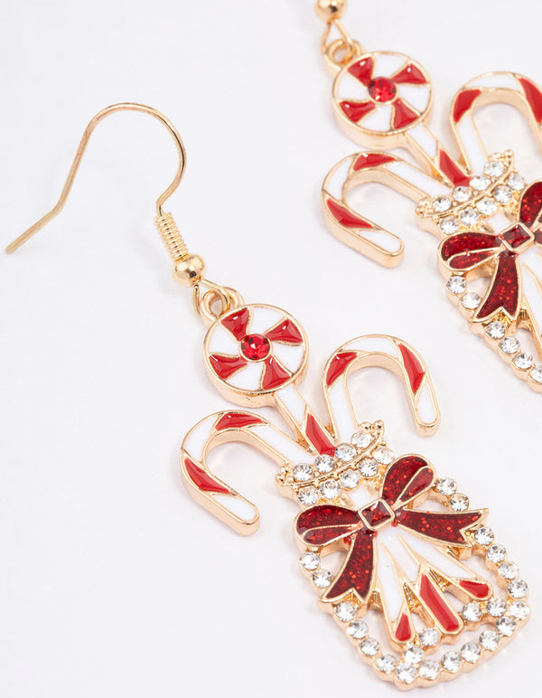 Gold Diamante Candy Cane Jar Drop Earrings