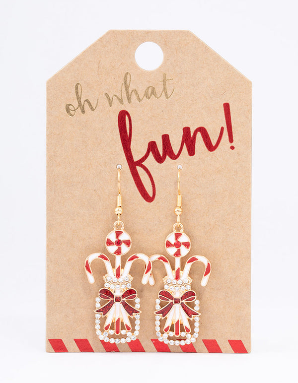 Gold Diamante Candy Cane Jar Drop Earrings