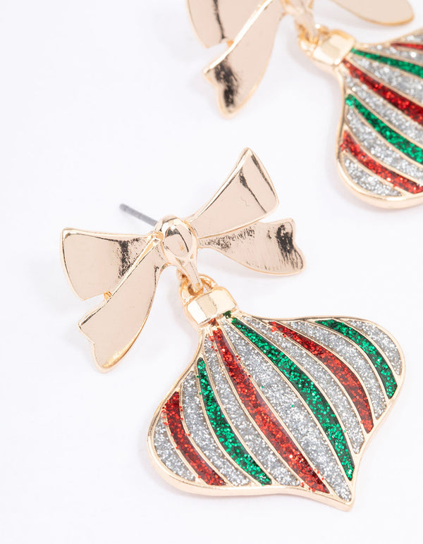 Gold Glitter Bauble & Bow Drop Earrings