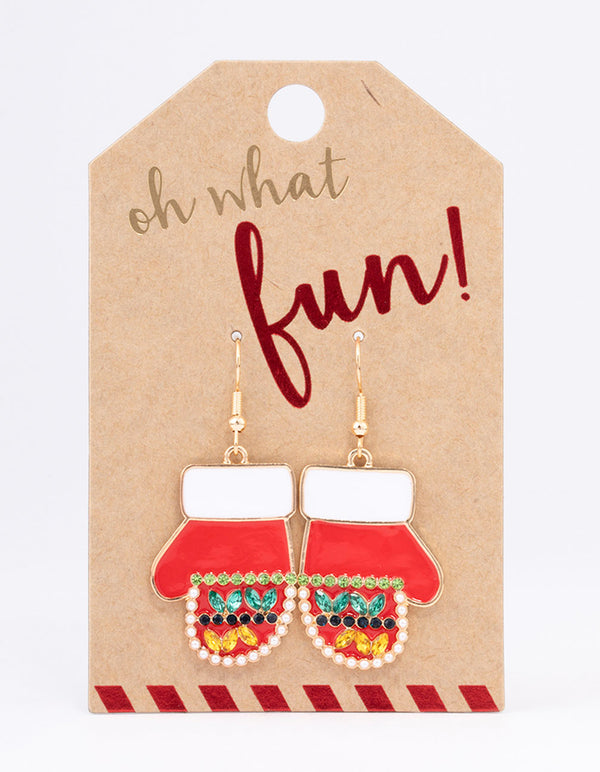 Gold Diamante Christmas Glove Drop Earrings
