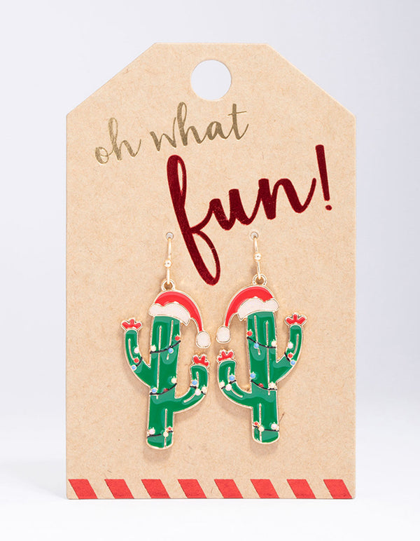 Gold Christmas Cactus Drop Earrings